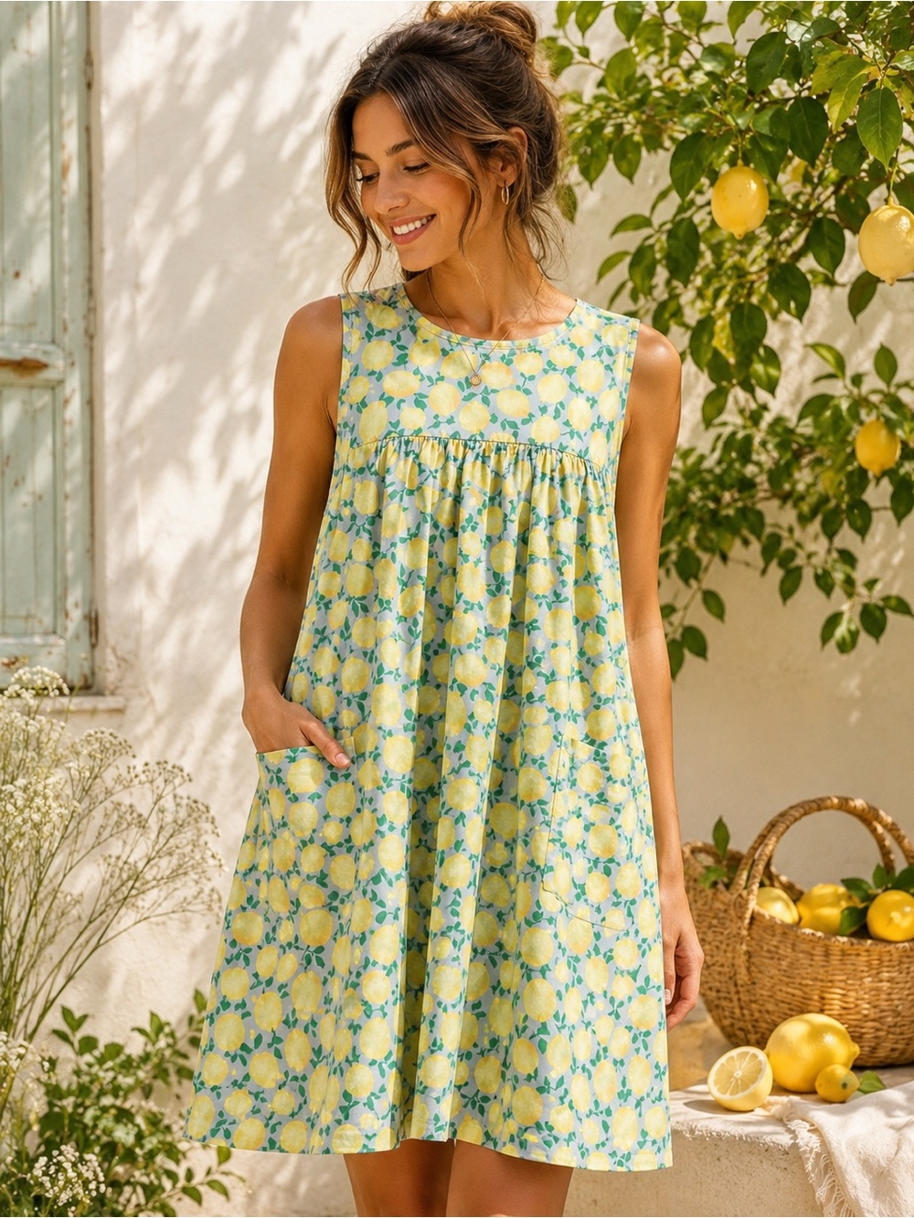 Lemon Print Mini Dress Cottagecore Summer Pocket Dress Blue Yellow Size L